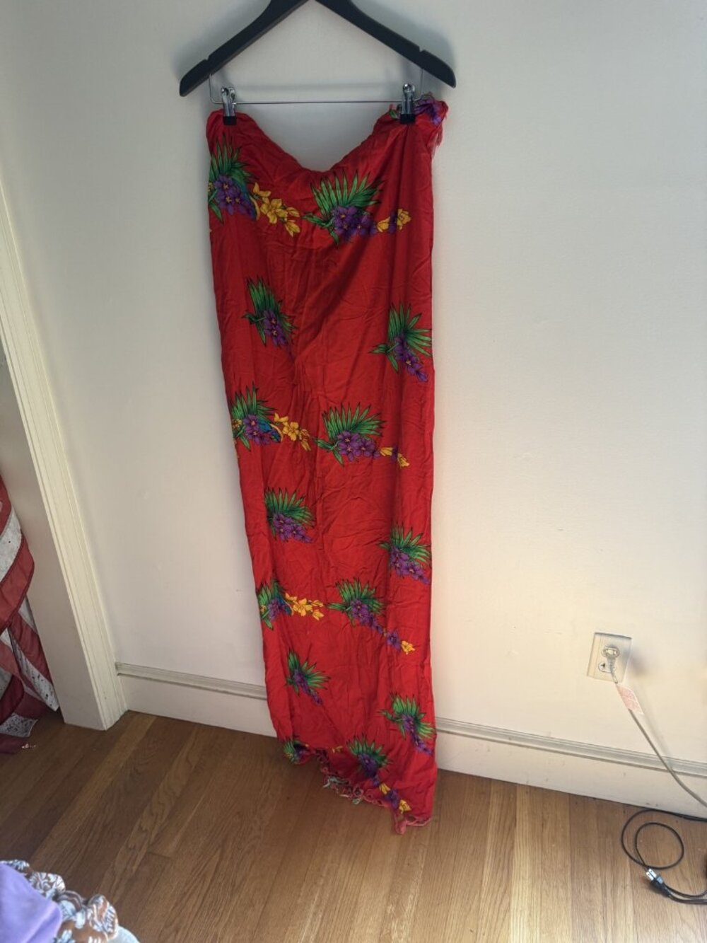 Red Tropical Floral Sarong Wrap – Hibiscus Print Pareo Beach Cover-Up with Fring